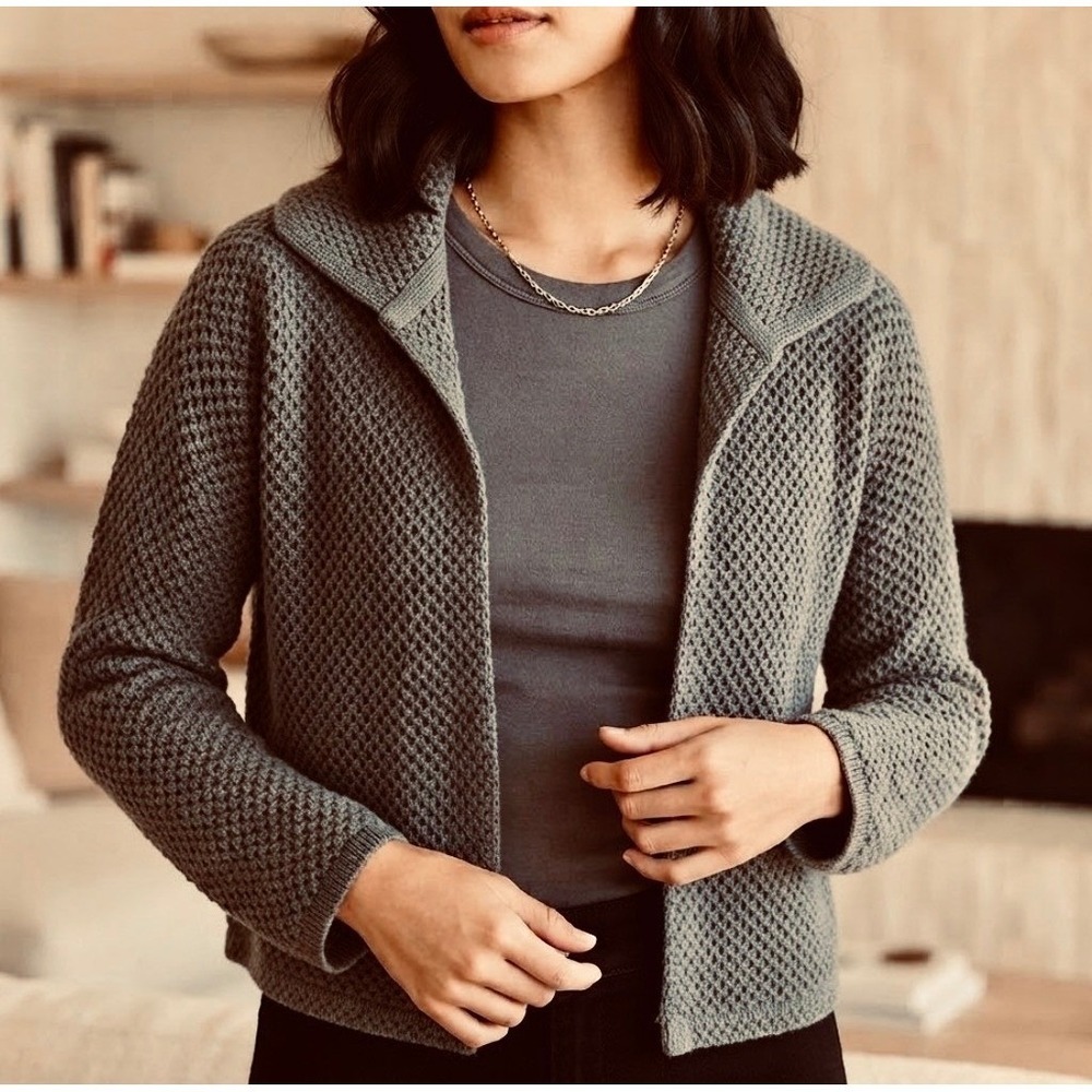 All Row Womens Gray Open Front Crochet Knit Shawl Collar Cardigan Sweater M